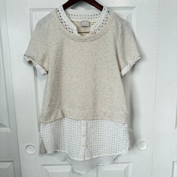 Anthropologie Layered Eyelet Sheer Sweater Shirt Medium Cottage Preppy - Picture 2 of 7